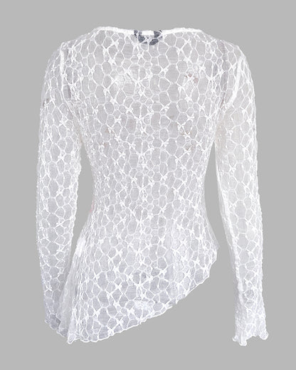 Long Sleeve Cinched Waist Asymmetrical Hem Textured Sheer Lace Top