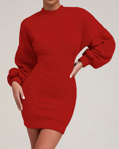 Lantern Sleeve Bodycon Pullover Sweatshirt Dress Crew Neck Mini Dress