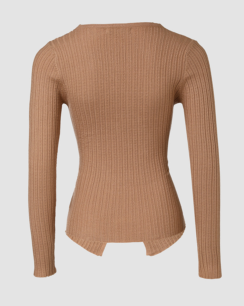 Rhinestone Decor Overlap V-Neck Long Sleeve Knit Sweater Asymmetrical Hem Slim Fit Textured Pullover Top