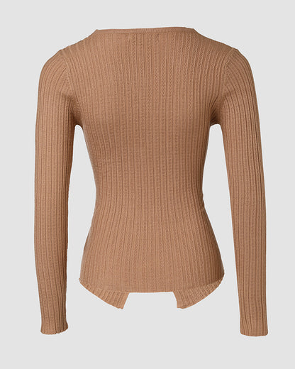 Rhinestone Decor Overlap V-Neck Long Sleeve Knit Sweater Asymmetrical Hem Slim Fit Textured Pullover Top