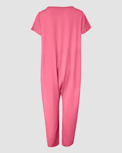 V-Neck High Stretch Tapered Drop-Crotch Casual Jumpsuit With Pockets