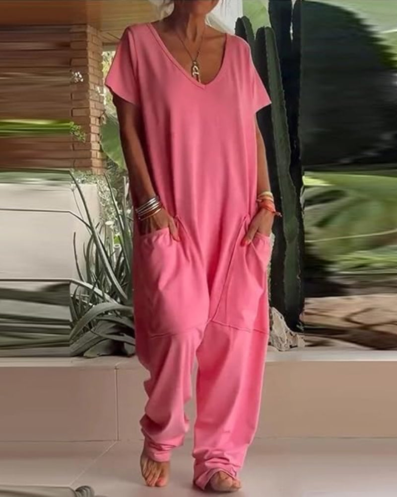 V-Neck High Stretch Tapered Drop-Crotch Casual Jumpsuit With Pockets
