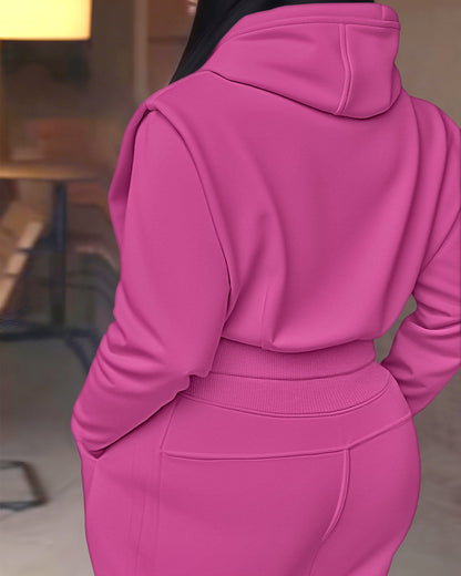 2-teiliges Outfit, langärmliges, kurzes Kapuzenpullover-Sweatshirt mit Kordelzug, Bündchen mit Daumenlöchern und lässigem Jogginghosen-Set mit Kordelzug und elastischer Taille mit weitem Bein 