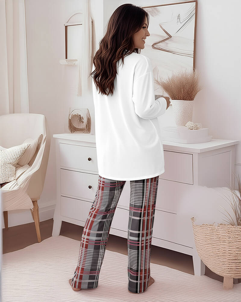 2 Pieces Outfit Plaid Print Pocket Design Long Sleeve Drop Shoulder Top and Plaid Print Elastic Waist Wide Leg Pants Set Casual Pajamas Set