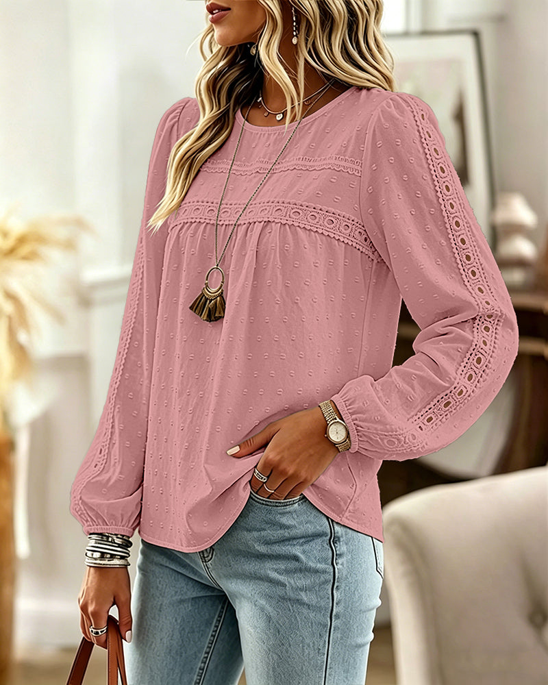 Women's Hollow-Out Lace Spliced Lantern Sleeve Top Elegant 3D Jacquard Chiffon Blouse for Work and Daily Wear
