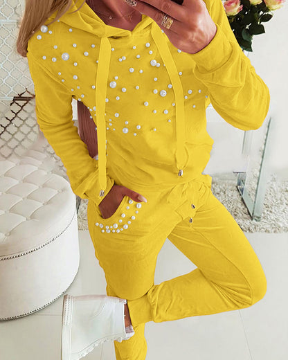 Beaded Hooded Top & Drawstring Pants Set
