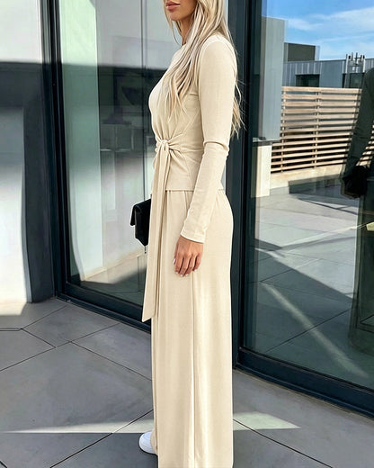 Women's 2 Piece Knit Lounge Set Long Sleeve Tie Waist Top and High Waisted Wide Leg Pants Casual Soft Sweatsuit with Pockets