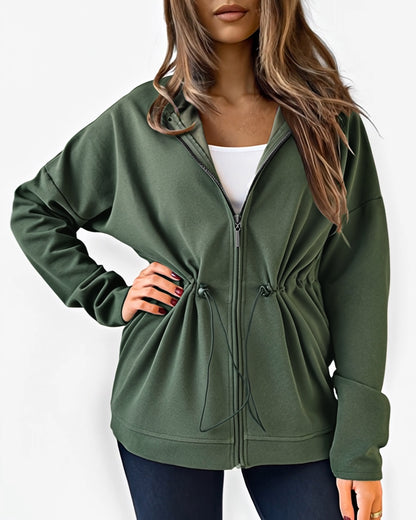 Long Sleeve Waist Drawstring Hooded Coat Casual Loose Fit Cardigan Jacket with Pockets