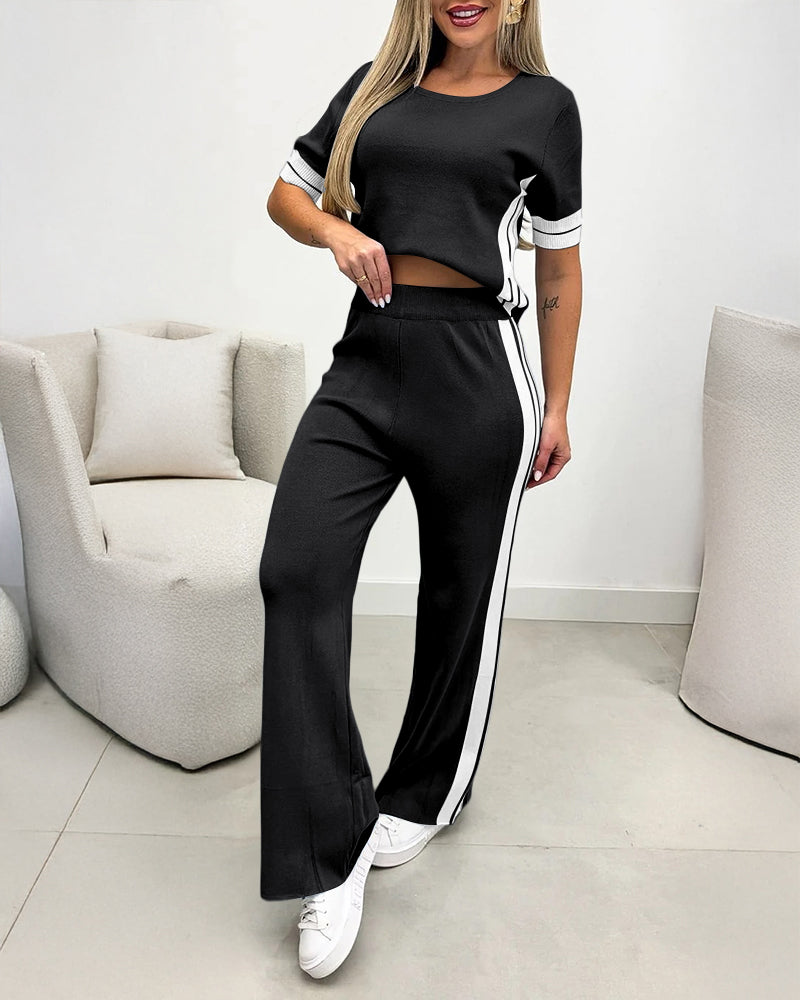 Women's Contrast Stripe 2 Piece Knit Outfits Short Sleeve Crewneck Top and Wide Leg Pants Set Casual Loungewear