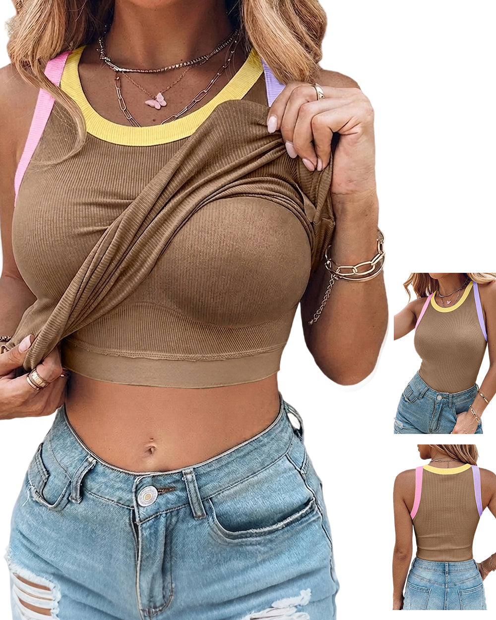 CHICMELIVE Womens Sleeveless Ribbed Built in Bra Tank Top-Lighted Blue-X-Large