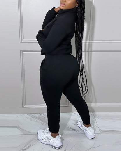 2 Pieces Outfit High Neck Half Zip Drop Shoulder Top and Drawstring Elastic Waist Slim Fit Jogger Pants Set Casual Tracksuit