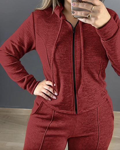 2 Pieces Outfit Long Sleeve Zip Up Drawstring Hoodie Coat and Casual Elastic Waist Seam Front Wide Leg Pants Set