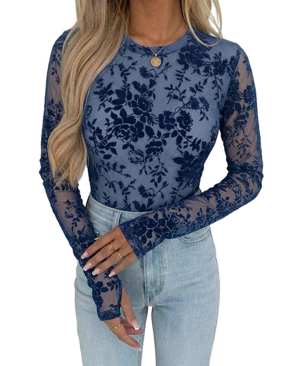 CHICME Women's Flocked Floral Sheer Mesh Long Sleeve Top with Lined