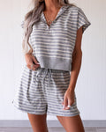 Women's Striped 2 Piece Outfits Half Zip Hooded Crop Top and High Waisted Drawstring Shorts Casual Tracksuit Set