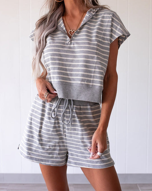 Women's Striped 2 Piece Outfits Half Zip Hooded Crop Top and High Waisted Drawstring Shorts Casual Tracksuit Set