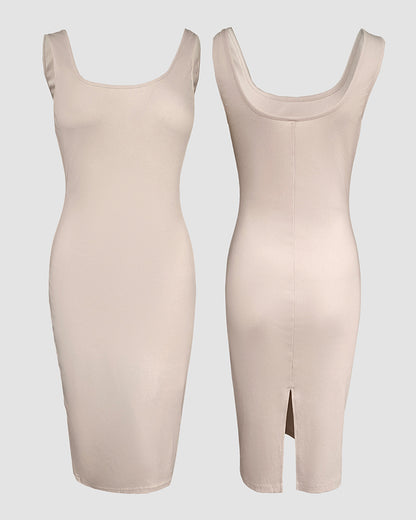 2 Pieces Outfit U-Neck Slit Back Slim Fit Knit Tank Dress and Pearl Button Front Baseball Coat Casual Ribbed Set