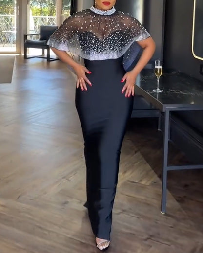 2 Pieces Outfit Detachable & Adjustable Spaghetti Straps Zipper Back Slit Slim Fit Maxi Dress and Rhinestone & Pearls Decor High Neck Zipper Back Sheer Mesh Poncho Cape