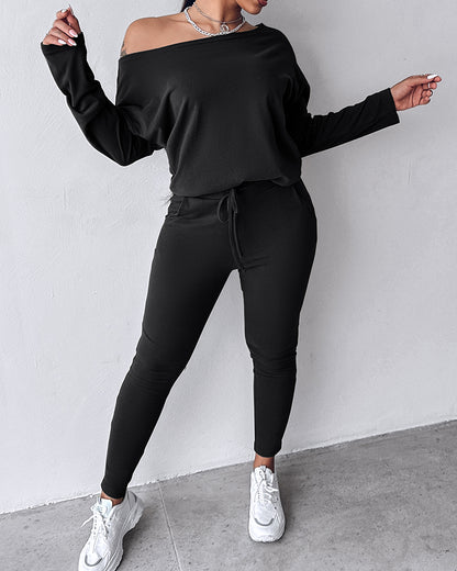 2 Pieces Outfit Long Sleeve Skew Neck Pullover Top and Drawstring Elastic Waist Slim Fit Pants Set