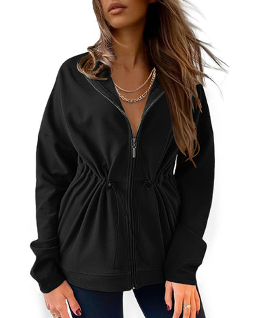 Long Sleeve Waist Drawstring Hooded Coat Casual Loose Fit Cardigan Jacket with Pockets