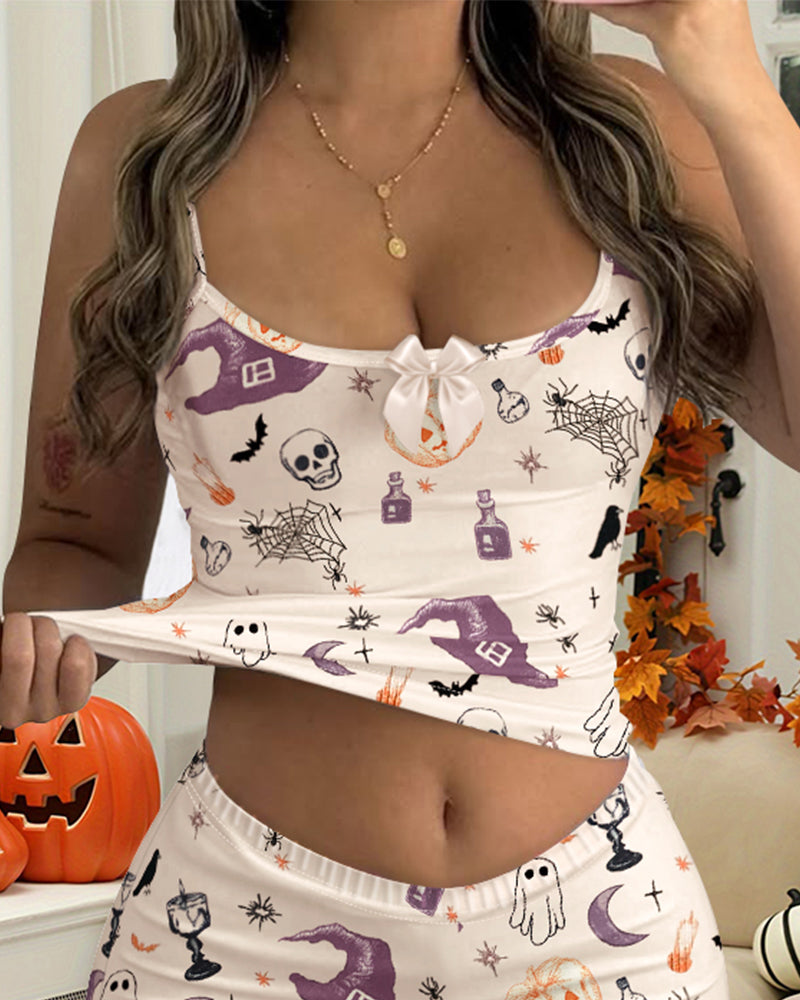 CHICMELIVE 2 Pieces Outfit Bowknot Decor Graphic Print U-Neck Adjustable Spaghetti Straps Cami Top and Elastic Waist Shorts Set Casual Pajamas Set