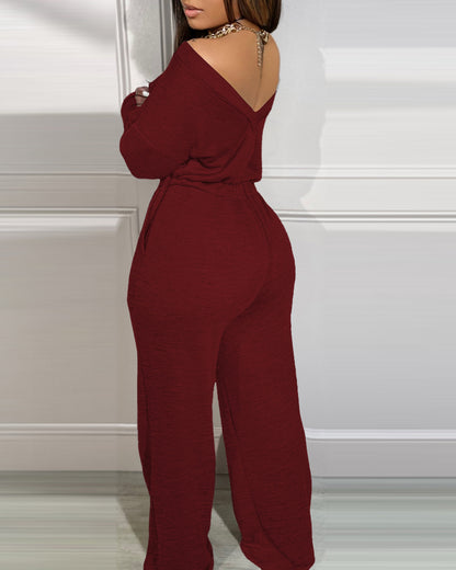 Off Shoulder V-Back Elastic Waist Pockets Design Jumpsuit Casual Drop Shoulder Cinched Waist Wide Leg Jumpsuit