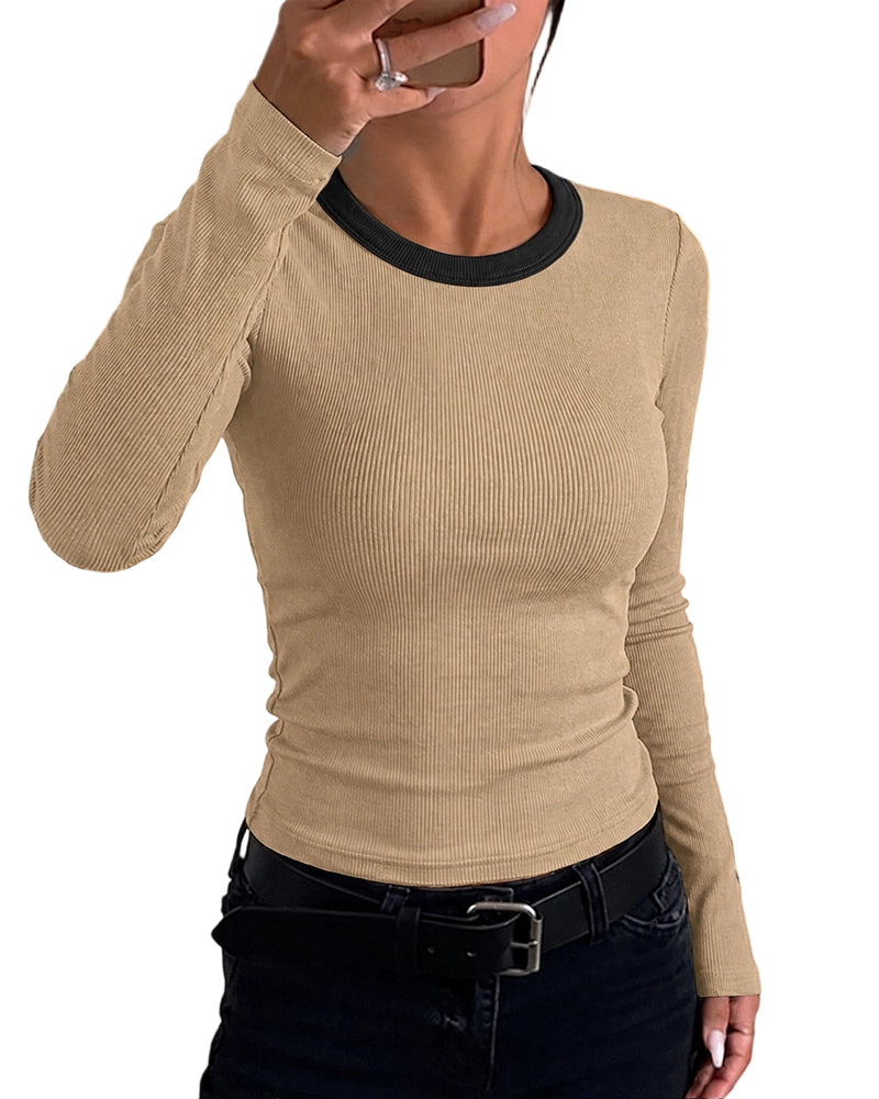 CHICMELIVE Women's Ribbed Long Sleeve Shirts Contrast Crewneck Fitted Basic Tee