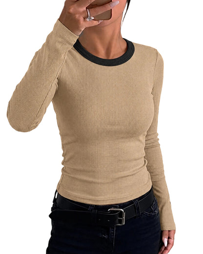 CHICMELIVE Women's Ribbed Long Sleeve Shirts Contrast Crewneck Fitted Basic Tee
