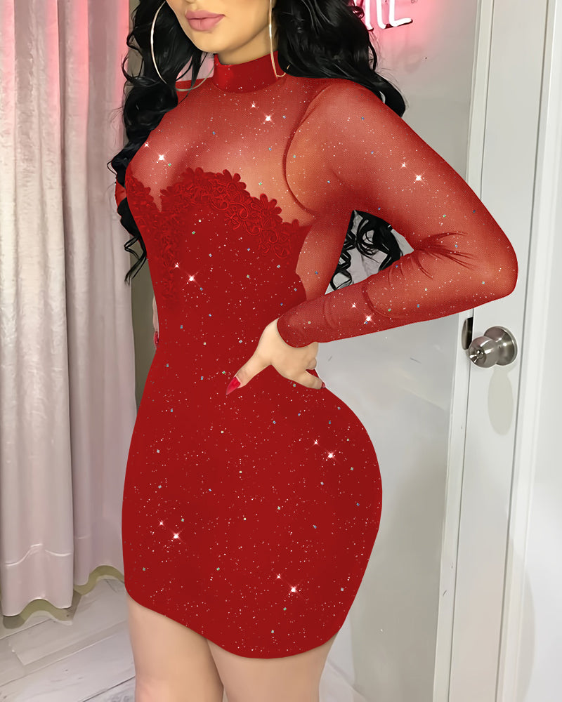 Glitter Long Sleeve Mock Neck Sheer Mesh Patch Bodycon Dress Night Out Party Mini Dress