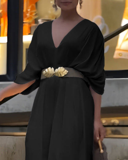 Deep V-Neck Ruched Three Quarters Sleeve Backless Overalls Casual Waist-Gathered Tied Detail Jumpsuit without Belt