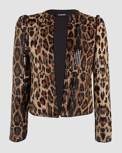 Allover Sequin Leopard Print Puff Sleeve Open Front Slim Fit Jacket Casual Crop Coat