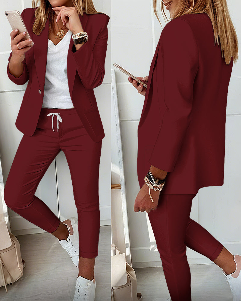 2 Pieces Outfit Shawl Collar Single Breasted Pockets Design Blazer Coat and Drawstring Elastic Waist Slim Fit Pants Set
