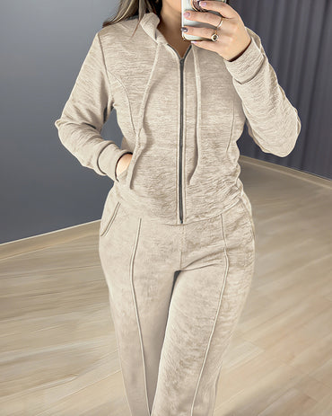 2 Pieces Outfit Long Sleeve Zip Up Drawstring Hoodie Coat and Casual Elastic Waist Seam Front Wide Leg Pants Set
