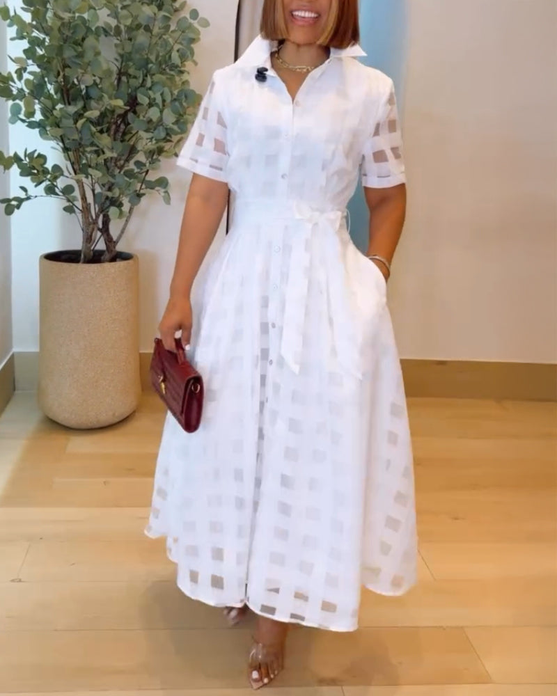 Turn-down Collar Plaid Mesh Double-Layered Cinched Waist Maxi Dress Button Down Bow Tie Waist Commuting Dress