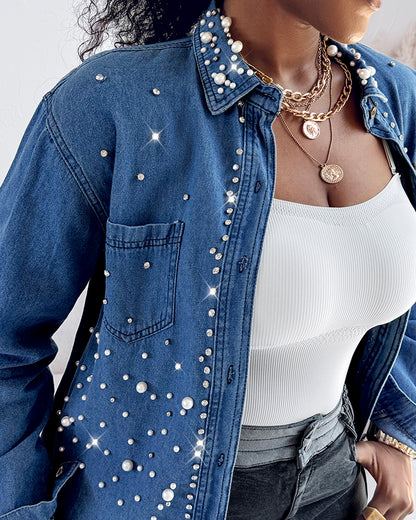 Pearls & Rhinestone Decor Turn-down Collar Button Front Denim Shirt Coat Casual Top