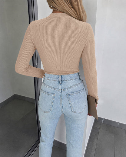 Women's Overlap V Neck Long Sleeve Ribbed Knit Top Rhinestone Side Button Ruched Slim Fit Asymmetric Hem Sweater