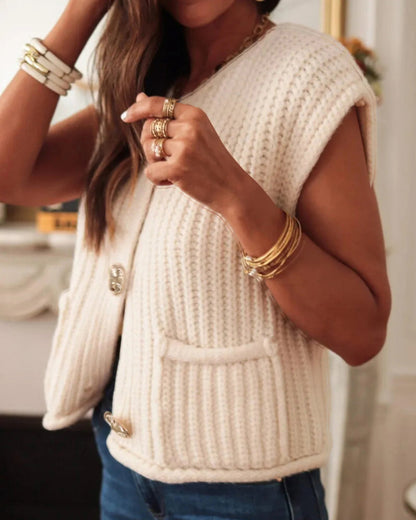 V-Neck Sleeveless Button Front Knit Vest Casual Loose Fit Sweater Top with Pockets