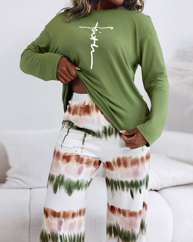 2 Pieces Outfit Letter Placement Print Long Sleeve Drop Shoulder Top and Ombre Loose Fit Pants Set Casual Pajamas Set