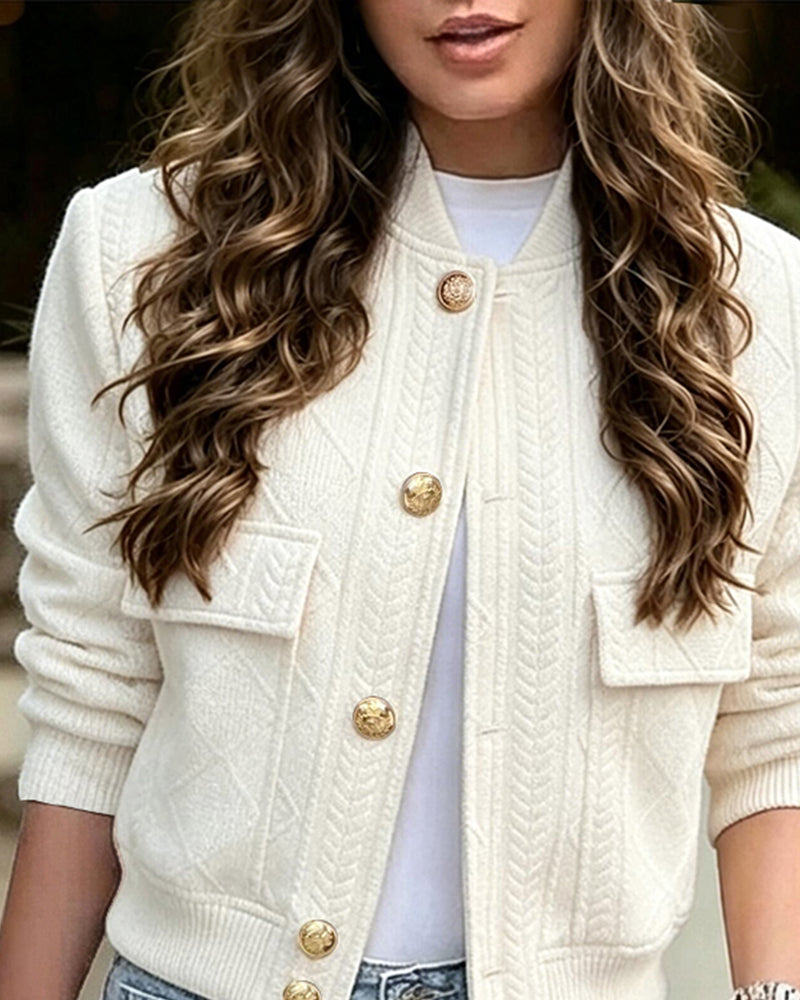 Women's Vintage Argyle Cable Knit Bomber Jacket Elegant Baseball Collar Button Down Cropped Coat with Flap Pockets