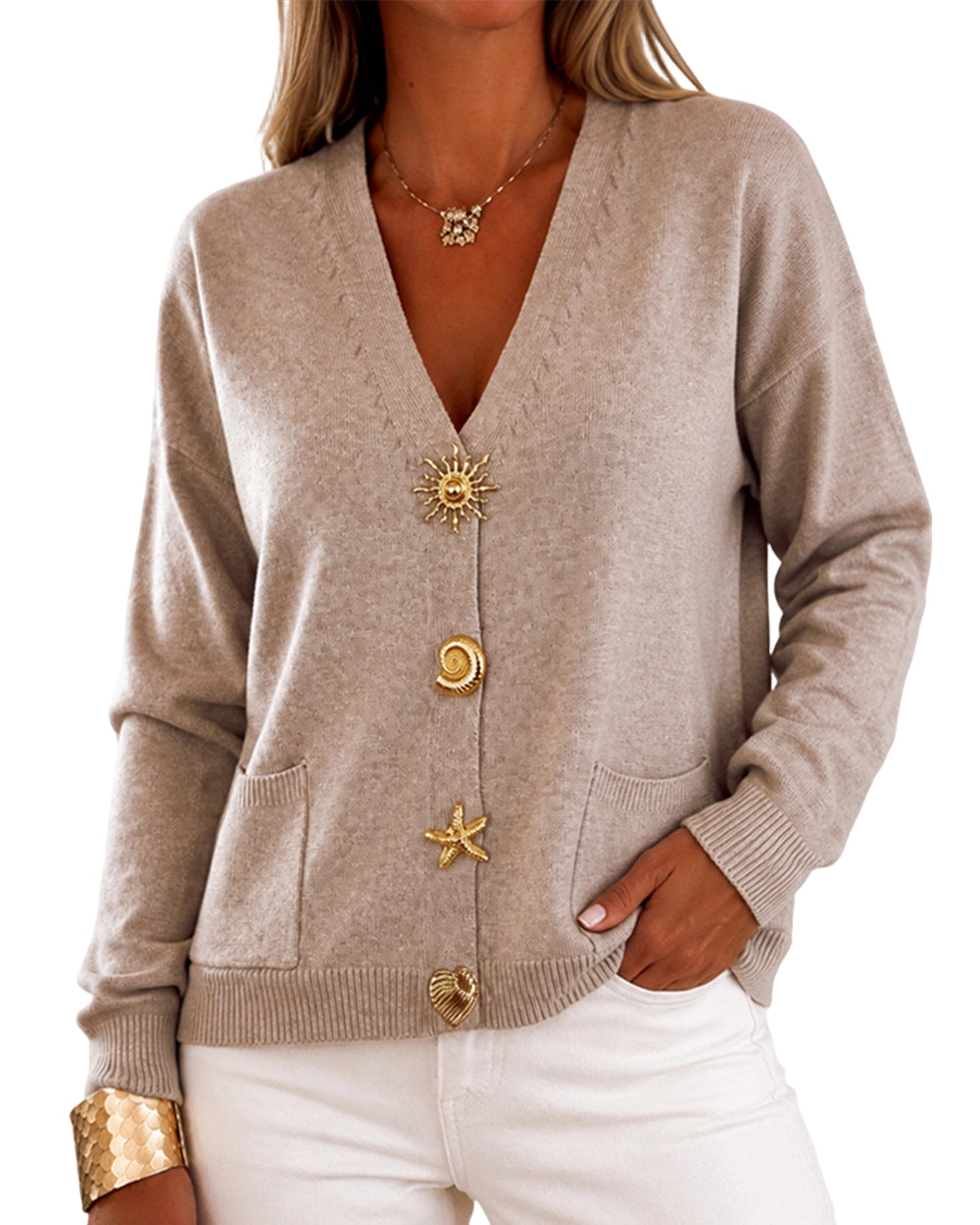 CHICMELIVE Women's V Neck Knit Cardigan Gold Button Sweater Top with Pockets
