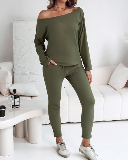 2 Pieces Outfit Long Sleeve Skew Neck Pullover Top and Drawstring Elastic Waist Slim Fit Pants Set
