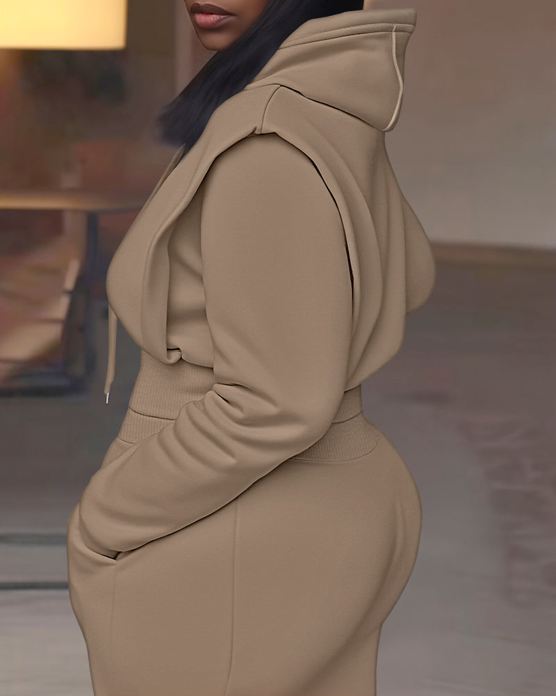 2-teiliges Outfit, langärmliges, kurzes Kapuzenpullover-Sweatshirt mit Kordelzug, Bündchen mit Daumenlöchern und lässigem Jogginghosen-Set mit Kordelzug und elastischer Taille mit weitem Bein 