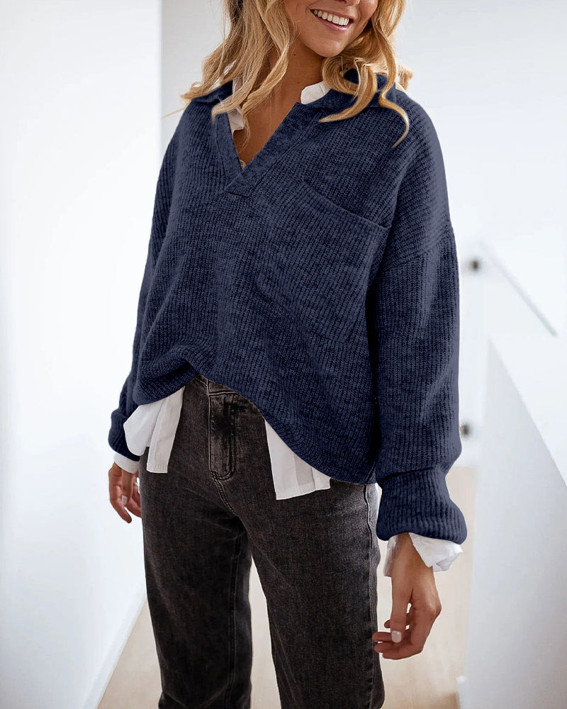 Women's Rib-Knit Polo Sweater V-Neck Collared Long Sleeve Pullover Loose Fit Drop Shoulder Top
