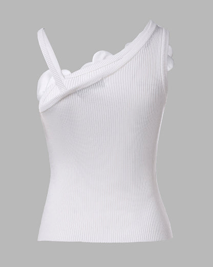 2 Pack Solid 3D Flower Tank Top Asymmetrical Neck Sleeveless Casual Ribbed Knit Camisole