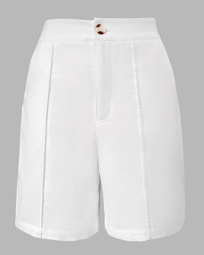 2 Pieces Outfit V Neck Button Front Flap Detail Vest Top and Casual Pockets Design Zipper Fly Elastic Back Waist Shorts Set