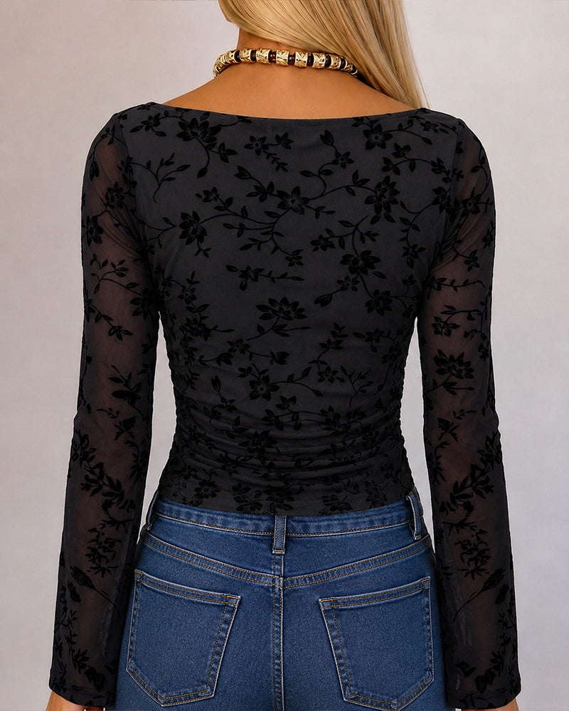 Couture Women's Bell Sleeve Floral Mesh Top