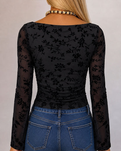 Couture Women's Bell Sleeve Floral Mesh Top