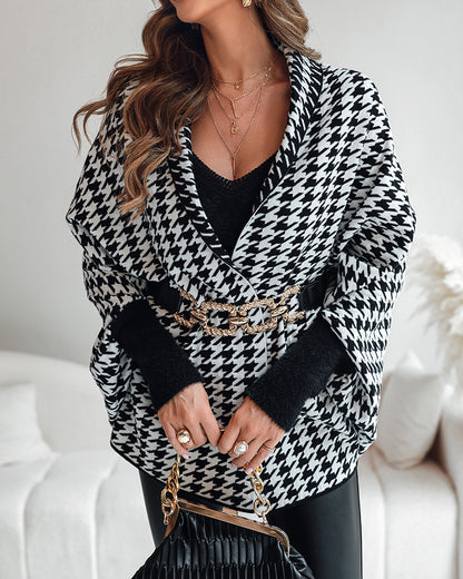 Houndstooth Print Versatile Loose Fit Sweater Coat Casual Warm Cape Shawl