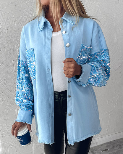 Casual Jacket Sequin Patchwork Long Sleeve Jacket Top Button Front Raw Hem Oversized Denim Shacket