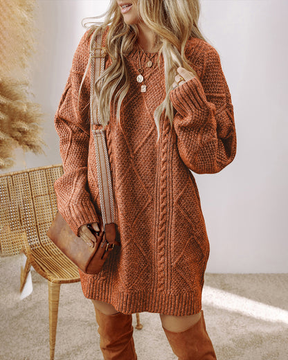 Round Neck Long Sleeve Drop Shoulder Pullover Sweater Casual Loose Fit Cable Knit Mid-length Sweater