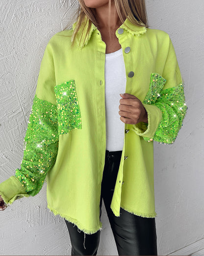 Casual Jacket Sequin Patchwork Long Sleeve Jacket Top Button Front Raw Hem Oversized Denim Shacket